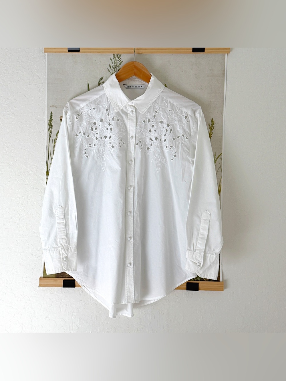 ZARA White Embroidered Cotton Dress Shirt